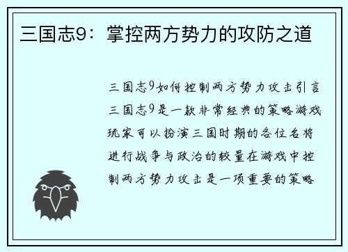 三国志9：掌控两方势力的攻防之道