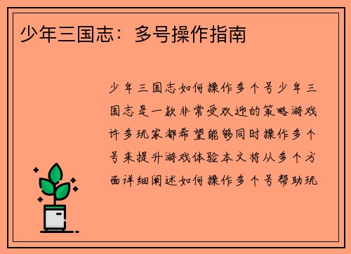 少年三国志：多号操作指南